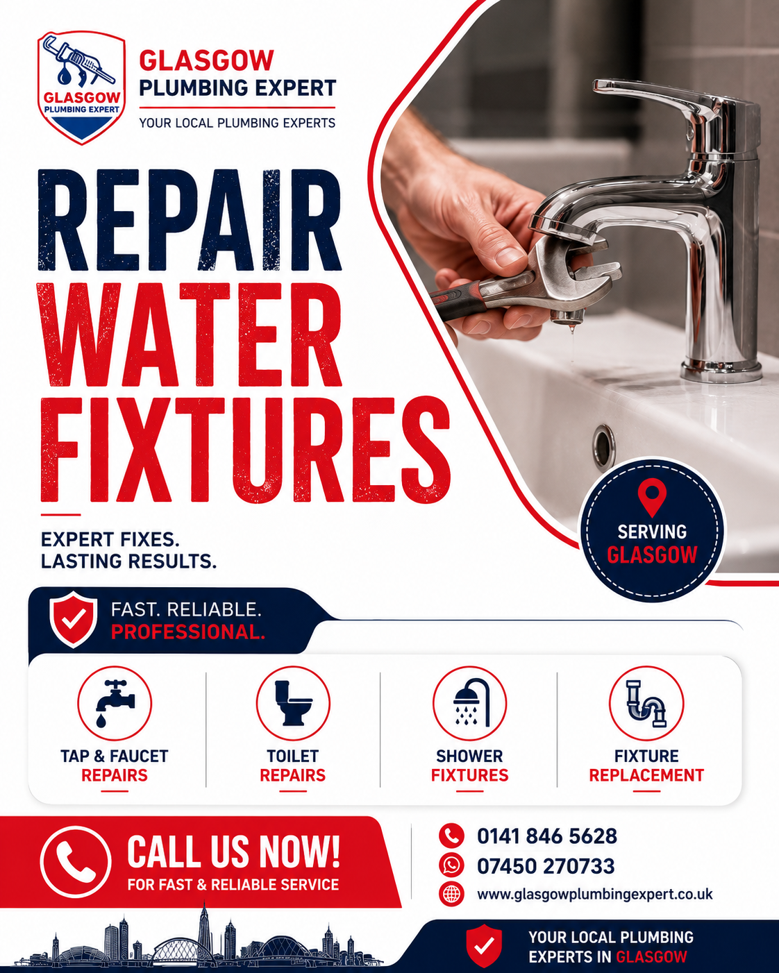 Repair water fixtures Glasgow plumber at work
